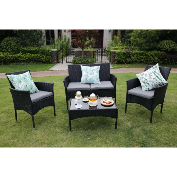 4 Seater Garden Sofa Set Black Tudor, 4 Piece Rattan Garden Furniture Set With Table Brown