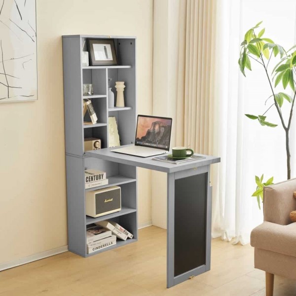 HERITAGE FOLDABLE WOODEN CONVERTIBLE OFFICE DESK BOOKSHELF WITH BLACKBOARD WHITE GREY Tudor Furniture