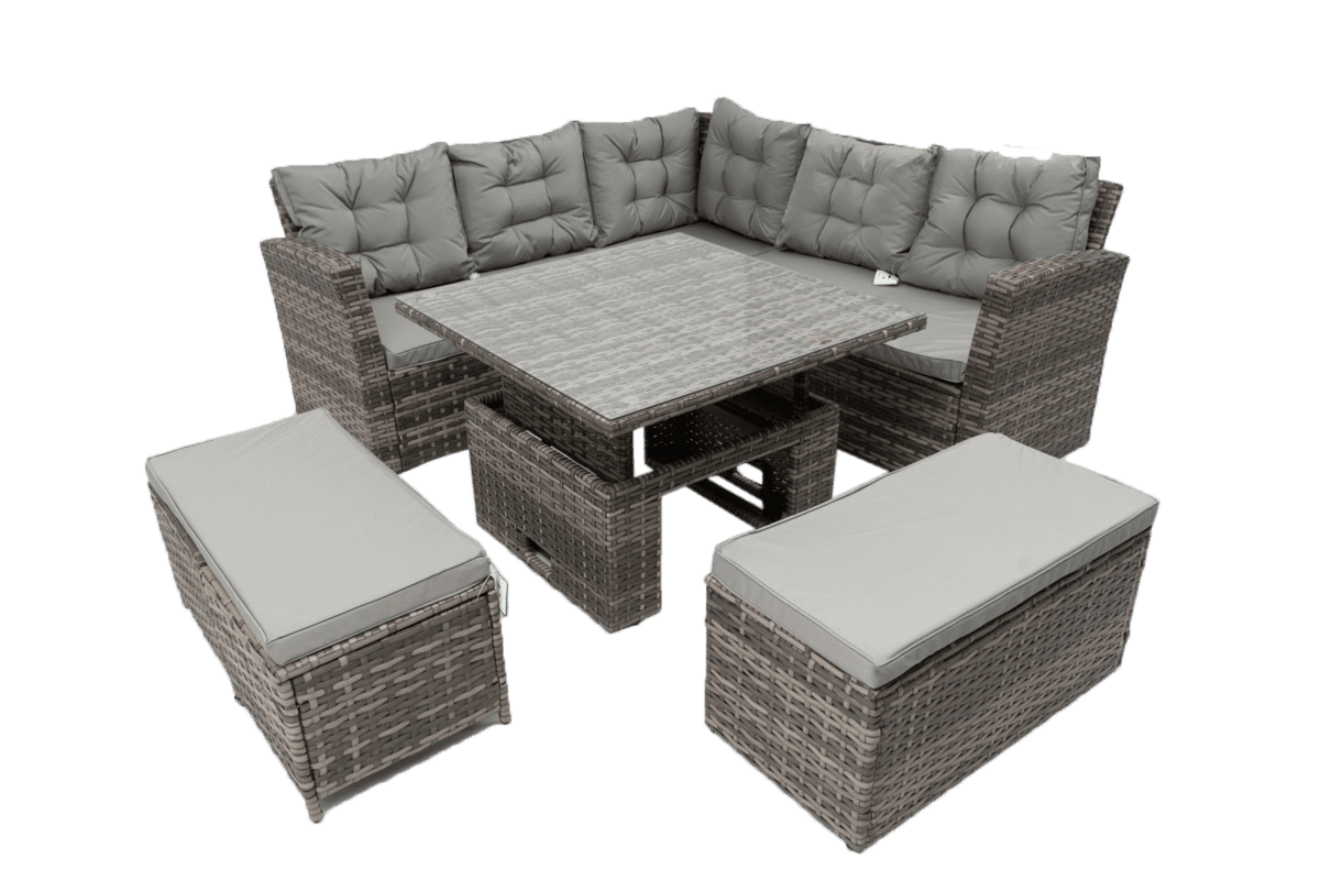 ROSEN 9 SEATER RATTAN DINING CORNER SOFA SET WITH RISING TABLE IN GREY