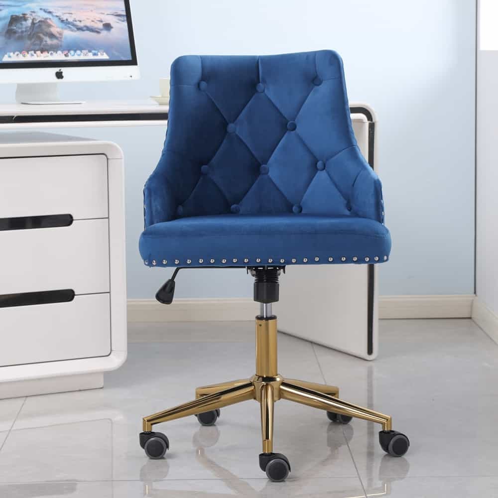 Blue Velvet Upholstered Office Chair Button Tufted Swivel Chair with