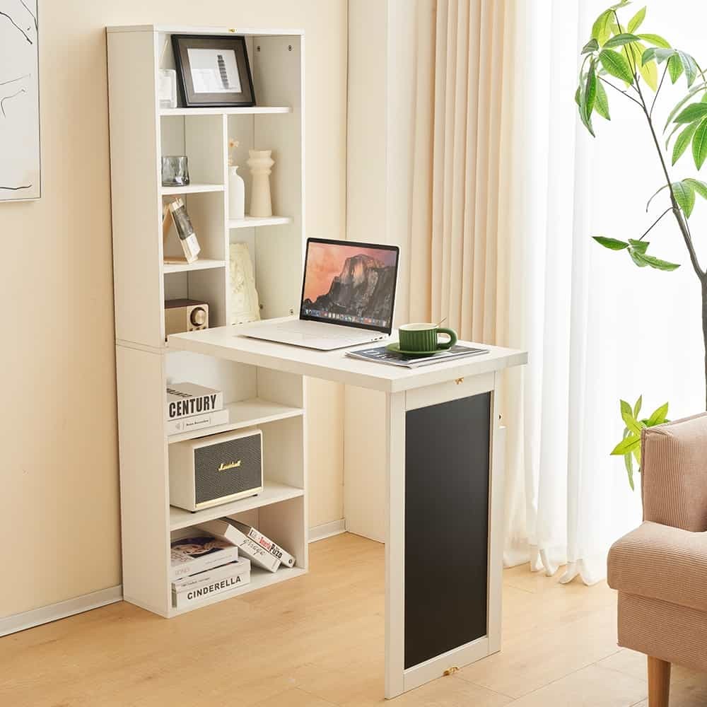 HERITAGE FOLDABLE WOODEN CONVERTIBLE OFFICE DESK BOOKSHELF WITH BLACKBOARD WHITE GREY Tudor Furniture