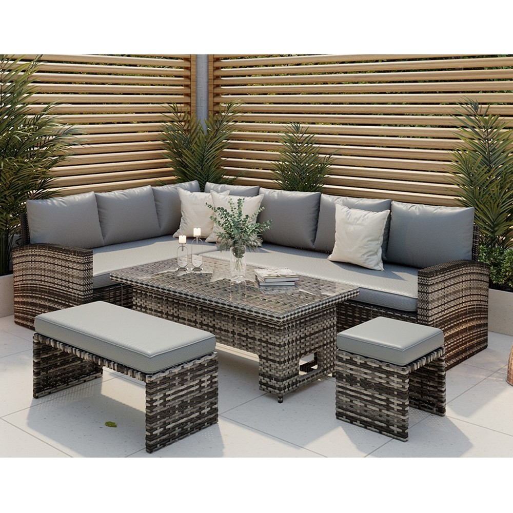 ROSEN RATTAN GARDEN FURNITURE 9 SEATER CORNER SOFA RISING TABLE SET