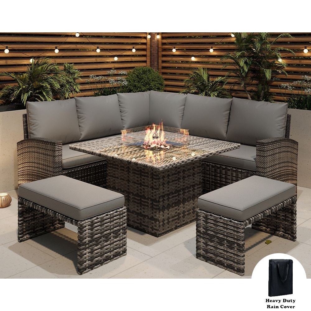 ROSEN 9 SEATER FIRE PIT RATTAN GARDEN FURNITURE CORNER SOFA CUBE SET WITH 2 BENCHES IN GREY Tudor Furniture