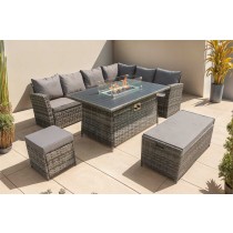 ROSEN 9 SEATER RATTAN GARDEN FURNITURE CORNER SOFA SET WITH ALUMINUM FIRE PIT DINING TABLE AND STORAGE BOX