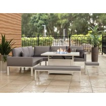 BERLIN WHITE ALUMINUM 8 -9 SEATER GARDEN CORNER SOFA CUBED DINING SET WITH FIRE PIT TABLE