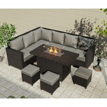 Barcelona Rattan Garden Furniture 9 Seater Corner Sofa Set with Fire pit Dining Table in Black