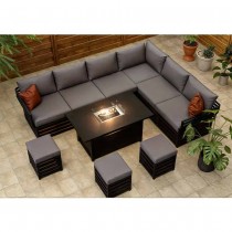 HAGEN FULLY ASSEMBLED 9 SEATER ALUMINIUM CORNER GARDEN FURNITURE DINING SOFA SET WITH FIRE PIT TABLE
