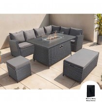 ROSEN 9 SEATER RATTAN GARDEN FURNITURE CORNER SOFA SET WITH ALUMINUM FIRE PIT DINING TABLE AND STORAGE BOX