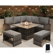 ROSEN 9 SEATER FIRE PIT RATTAN GARDEN FURNITURE CORNER SOFA CUBE SET WITH 2 BENCHES IN GREY