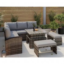 ROSEN RATTAN GARDEN FURNITURE 9 SEATER CORNER SOFA RISING TABLE SET WITH 2 BENCHES IN GREY