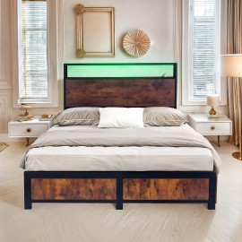King Bed Industrial Style Industrial Metal Bed Frame with 4 Drawers and LED Light Head Board and Charging Ports