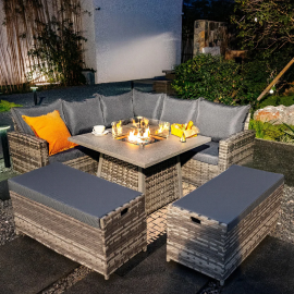 ROSEN 9 SEATER CORNER SOFA SET WITH FIRE PIT DINING TABLE IN GREY