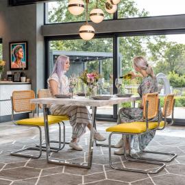 Marbel effect dining table with 4 Mustard chairs