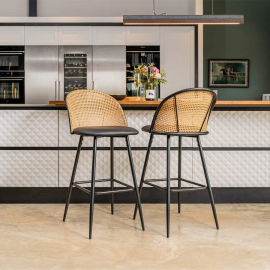 Set Of 2 Boho PE Rattan Bar Stool Bar Chairs With PU Upholstery