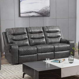 Grey PU Leather Manual Recliner Functional 3 Seater Sofa
