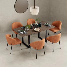 Orchid Belluno Extending Dining Table With 6 Velvet Orange Chairs