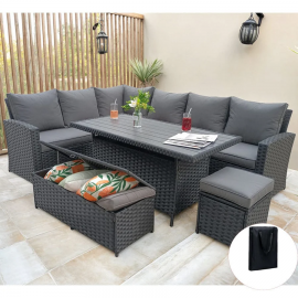 Rosen 9 Seater Rattan Garden Dining Set With Storage Bench and Stool -  Black