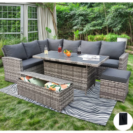 Rosen 9 Seater Rattan Garden Dining Set With Storage Bench and Stool -  Grey