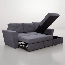 Linen 3 Seater Corner Sofa Bed Reversible Ottoman Chaise Sofa With Cupholder and Wireless Charger - Grey