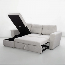 Linen 3 Seater Corner Sofa Bed Reversible Ottoman Chaise Sofa With Cupholder and Wireless Charger - Beige