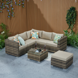 Vancouver Steel Frame 6‑Seater Corner Sofa Set with Ice Bucket Coffee Table - Brown