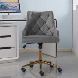 Grey Velvet Upholstered Office Chair Button Tufted Swivel Chair with Brass Leg