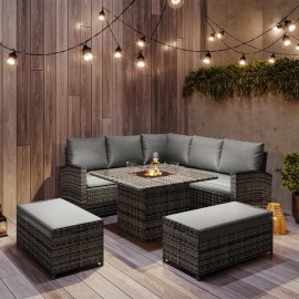 ROSEN 9 SEATER CORNER SOFA SET WITH FIRE PIT DINING TABLE IN GREY