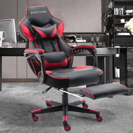 ADJUSTABLE MASSAGE GAME OFFICE CHAIR WITH FOOTREST BLACK+RED