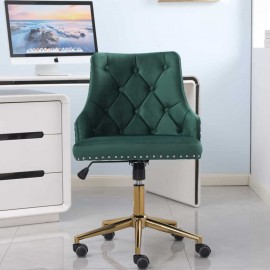 Green Velvet Upholstered Office Chair Button Tufted Swivel Chair with Brass Leg