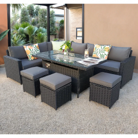 Barcelona Rattan Garden Furniture 9 Seater Corner Sofa Set with Fire pit Dining Table - Black
