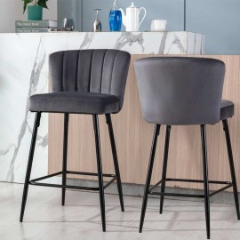 Caiden Velvet Bar Stool With Metal Legs in Grey - Set Of 2