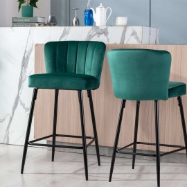 Caiden Velvet Bar Stool With Metal Legs in Green - Set Of 2