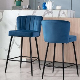 Caiden Velvet Bar Stool With Metal Legs in Blue - Set Of 2