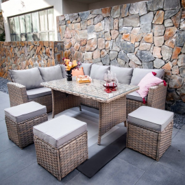 Rosen 9 Seater Rattan Corner Sofa Dining Table With Parasol Hole - Natural