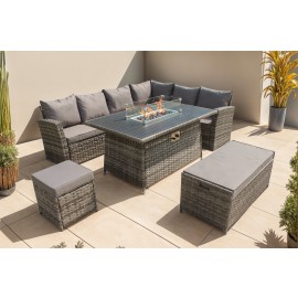ROSEN 9 SEATER RATTAN GARDEN FURNITURE CORNER SOFA SET WITH ALUMINUM FIRE PIT DINING TABLE AND STORAGE BOX