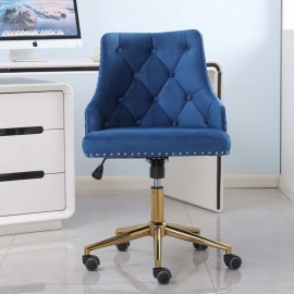Blue Velvet Upholstered Office Chair Button Tufted Swivel Chair with Brass Leg