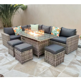 Barcelona Rattan Garden Furniture 9 Seater Corner Sofa Set with Fire pit Dining Table - Grey