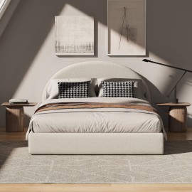 Marshmuff Linen Bed Frame With Curved Headboard Double Bed Beige / Grey