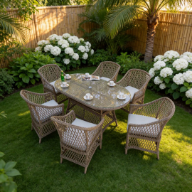 Provence 6‑Seater Rattan Garden Dining Set with Oval Table and Furniture Cover