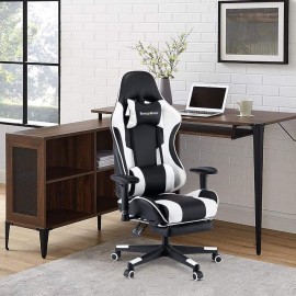 RECLINER MASSAGE SWIVEL GAME OFFICE CHAIR WITH FOOTREST BLACK+WHITE