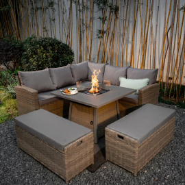 ROSEN 9 SEATER CORNER SOFA SET WITH FIRE PIT DINING TABLE - Natural