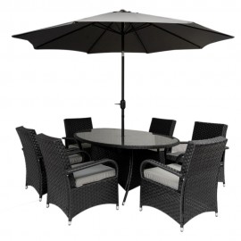 6 Seater Rattan Dining Table Set in Black with Raincover and parasol