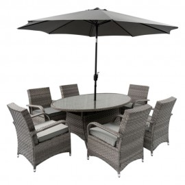 6 Seater Rattan Dining Table Set in Grey with Raincover and parasol