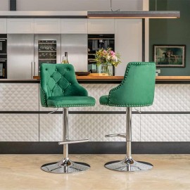 SET OF 2 AVERS GREEN VELVET BAR STOOLS BAR CHAIRS