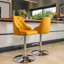 SET OF 2 AVERS MUSTARD VELVET BAR STOOLS BAR CHAIRS