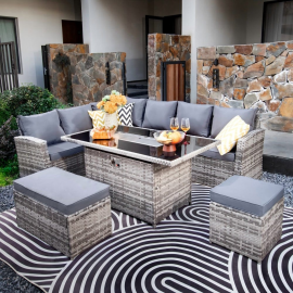 Rosen 9 Seater Fire Pit Rattan Garden Furniture Corner Dining Sofa Set - Grey