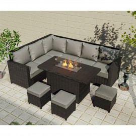 Barcelona Rattan Garden Furniture 9 Seater Corner Sofa Set with Fire pit Dining Table in Black