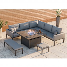 BERLIN ALUMINUM 8 -9 SEATER GARDEN CORNER SOFA CUBED DINING SET WITH FIRE PIT TABLE