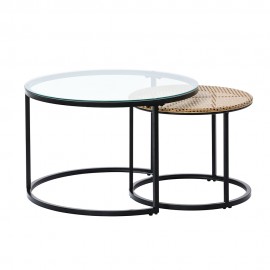 BOHO SET OF 2 NESTING ROUND END SIDE COFFEE TABLES WITH GLASS AND RATTAN TOP