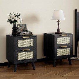 Pair of Boho 2 Drawers Rattan Decorated Bedside Storage Cabinet